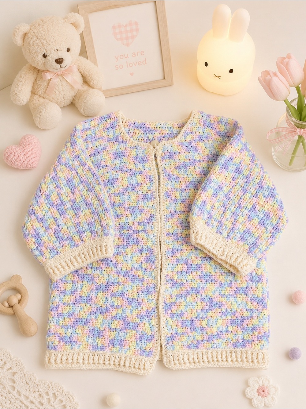 Handmade Pastel Crochet Cardigan Sweater Baby Blue Pink Yellow One Button Jacket